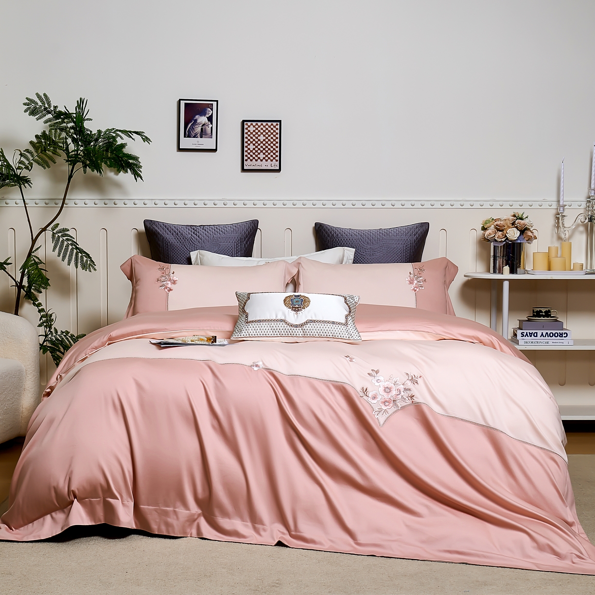 91家纺网 家纺一手货源 找家纺 U品汇 2025新品120支60s双股贡缎长绒棉重工刺绣花纯棉全棉四件套 海棠湾-豆沙