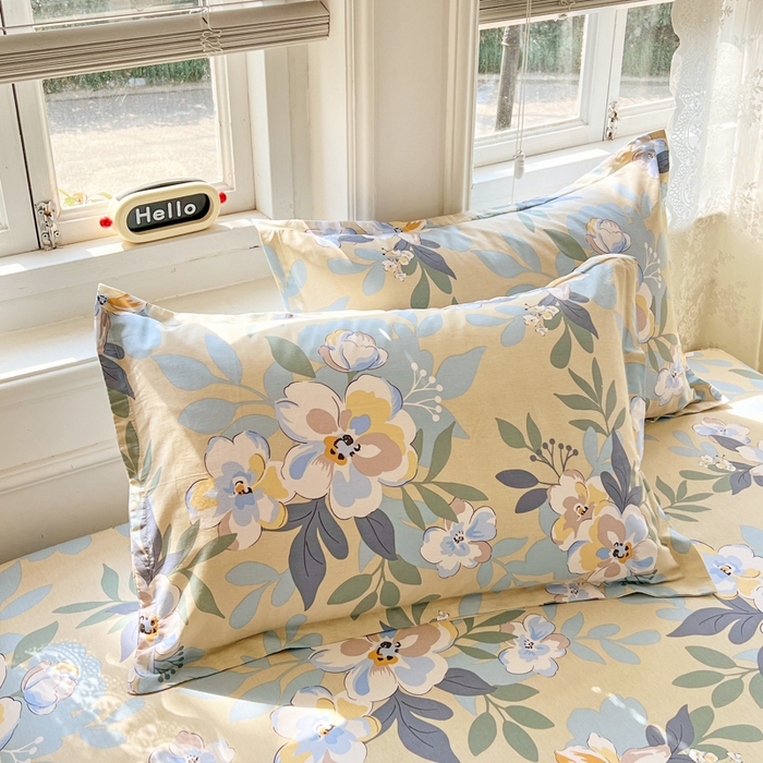 91家纺网 家纺一手货源 找家纺 世爵2025春夏新款全棉纯棉印花小清新单品系列单枕套 枕套单件 木棉花-绿