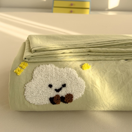 曼谷家纺 2025新款软糯毛巾绣水洗棉床单床笠枕套纯色床单床笠枕套单品 小白云-豆绿