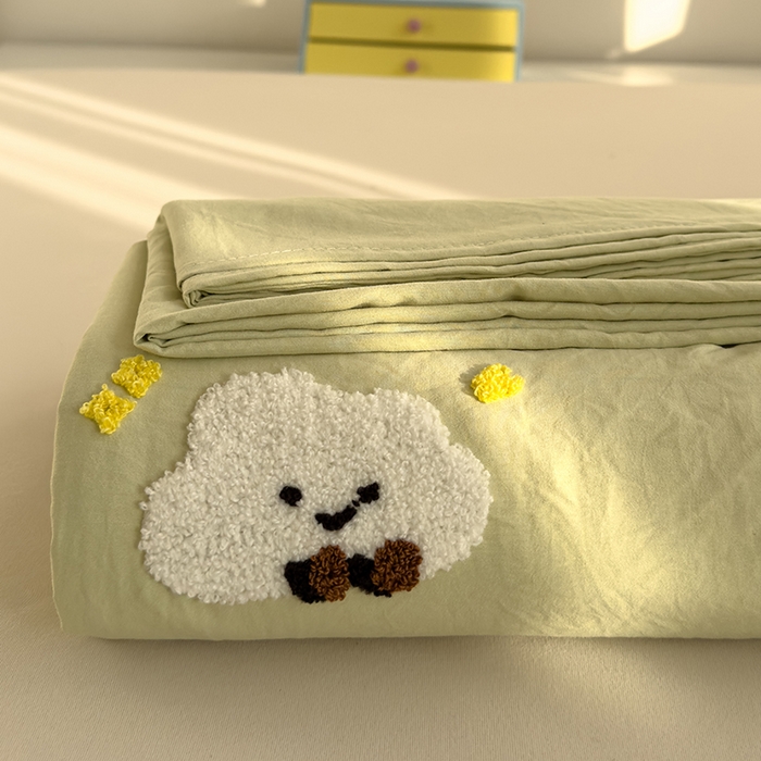 91家纺网 家纺一手货源 找家纺 曼谷家纺 2025新款软糯毛巾绣水洗棉床单床笠枕套纯色床单床笠枕套单品 小白云-豆绿