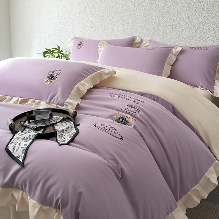 91家纺网 家纺一手货源 找家纺 汣沐生活 2025新款亲肤绣花花边四件套 香芋紫-香槟-田园生活