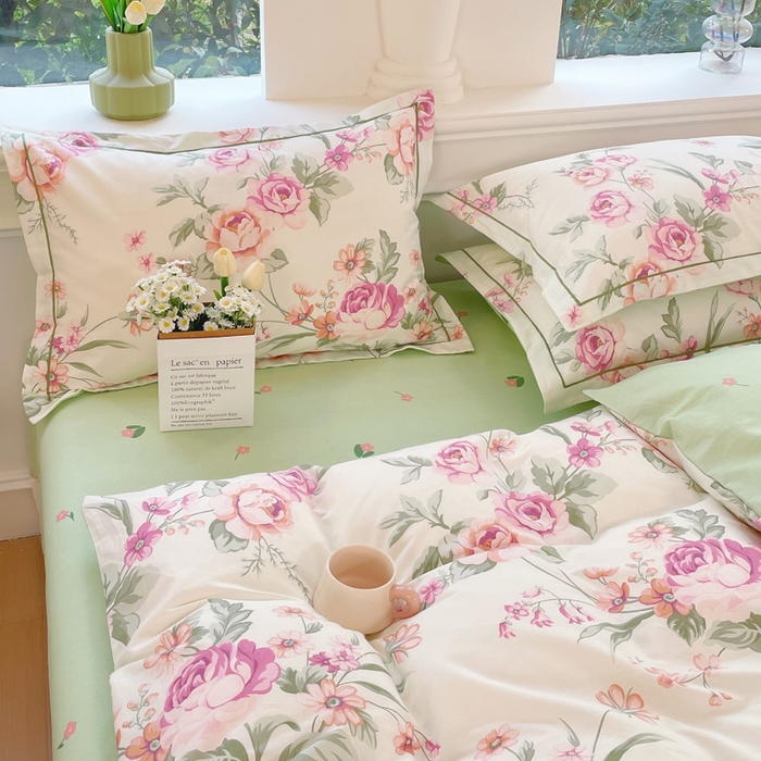 91家纺网 家纺一手货源 找家纺 铭博家纺 新款直播爆款网红全棉四件套13070印花吊边一字绣纯棉被套工艺款 绿苑春1