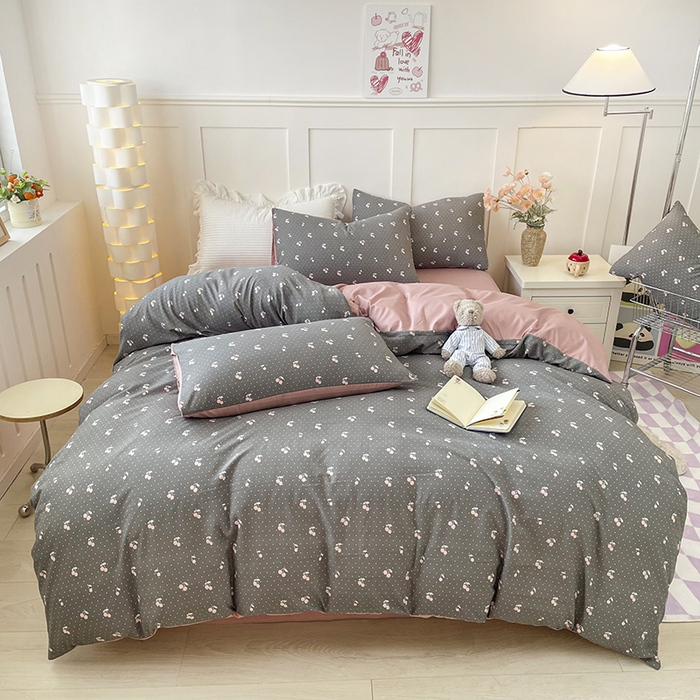 91家纺网 家纺一手货源 找家纺 汣沐生活 2025新款针织棉印花款四件套 樱桃-灰