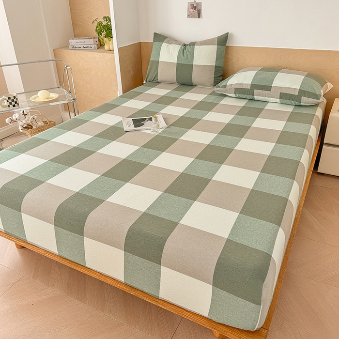 91家纺网 家纺一手货源 找家纺 晓时候 2025新款100%全棉色织水洗棉床笠全棉床笠纯棉床笠 绿中格