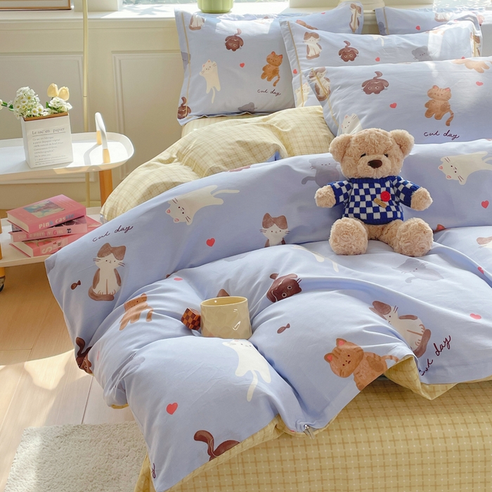 91家纺网 家纺一手货源 找家纺 铭博家纺 新款直播爆款网红全棉四件套13070印花吊边一字绣纯棉被套工艺款 喵星庆典