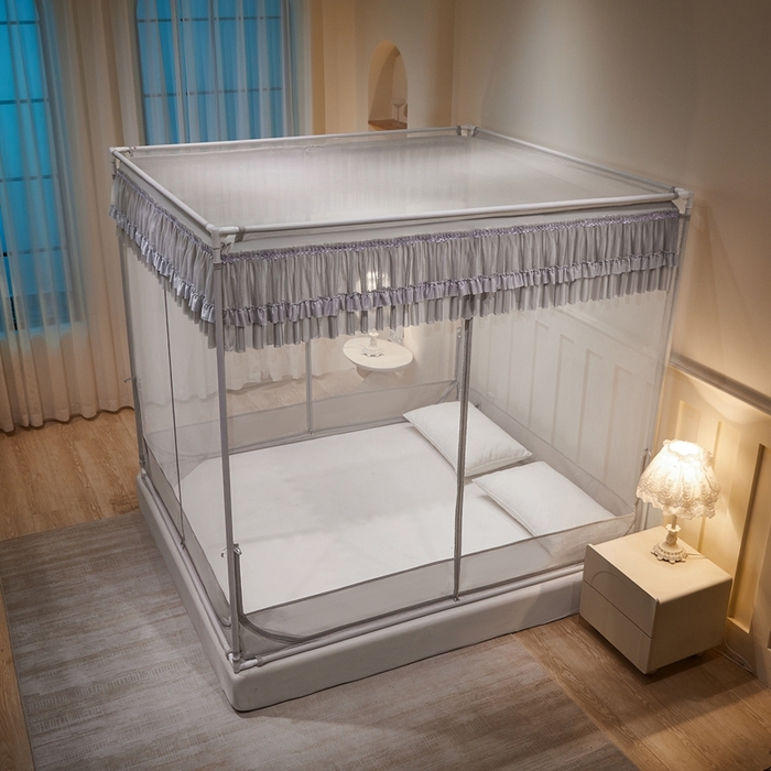 91家纺网 家纺一手货源 找家纺 梦尔佳蚊帐 2025新款双层花边床笠式三开门蚊帐-858怜香惜玉系列 高级灰