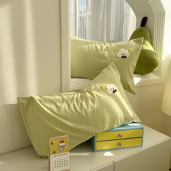 91家纺网 家纺一手货源 找家纺 曼谷家纺 2025新款软糯毛巾绣水洗棉床单床笠枕套纯色床单床笠枕套单品 小白云-豆绿