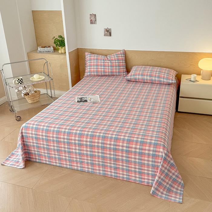 91家纺网 家纺一手货源 找家纺 晓时候 2025新款100%全棉色织水洗棉床单全棉床单纯棉床单 云舒粉