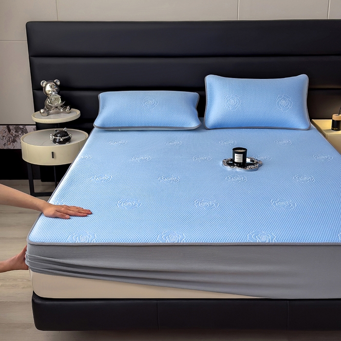 91家纺网 家纺一手货源 找家纺 欧邦 2025新款A类3D提花冰豆豆床笠款凉席 床笠款-清雅蓝