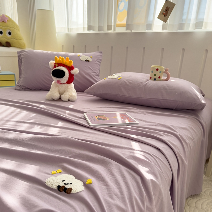 91家纺网 家纺一手货源 找家纺 曼谷家纺 2025新款软糯毛巾绣水洗棉床单床笠枕套纯色床单床笠枕套单品 小白云-紫色