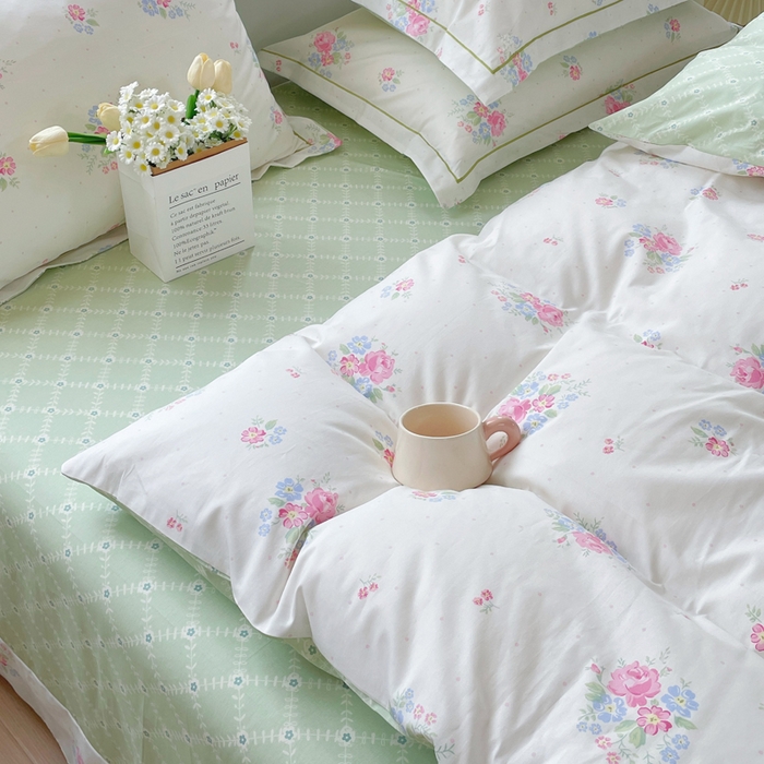 91家纺网 家纺一手货源 找家纺 铭博家纺 新款直播爆款网红全棉四件套13070印花吊边一字绣纯棉被套工艺款 桃桃苏打