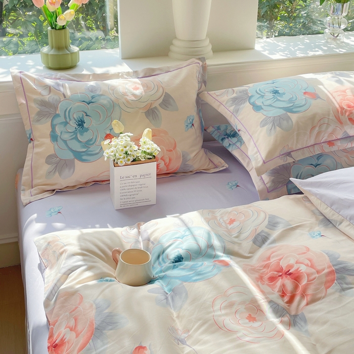 91家纺网 家纺一手货源 找家纺 铭博家纺 新款直播爆款网红全棉四件套13070印花吊边一字绣纯棉被套工艺款 沐颜