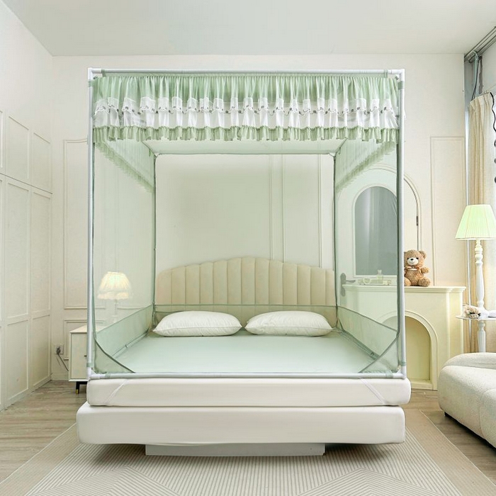 91家纺网 家纺一手货源 找家纺 梦尔佳蚊帐 2025新款双层花边全包围全底款和床笠款三开门蚊帐-863系列青春亮丽 沫绿