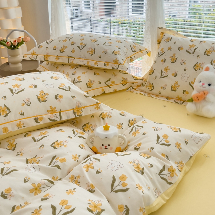 91家纺网 家纺一手货源 找家纺 铭博家纺 新款直播爆款网红全棉四件套13070印花吊边一字绣纯棉被套工艺款 花园兔