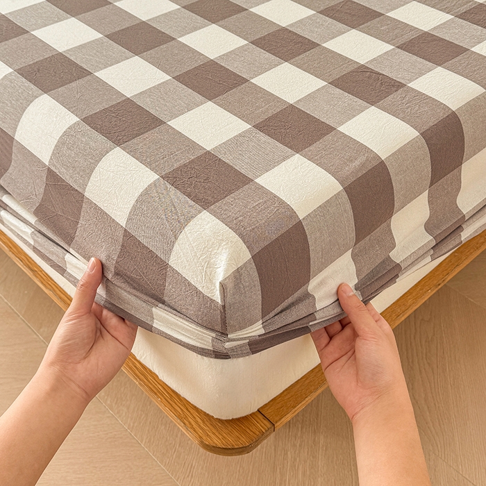 91家纺网 家纺一手货源 找家纺 晓时候 2025新款100%全棉色织水洗棉床笠全棉床笠纯棉床笠 灰中格