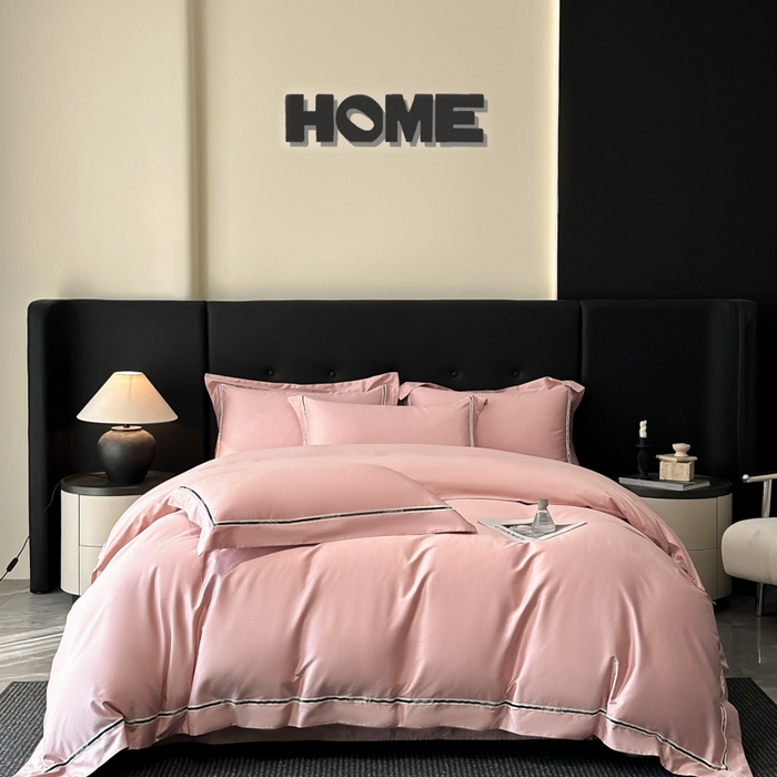 91家纺网 家纺一手货源 找家纺 魅都 2025新款100支长绒棉简约织带轻奢风四件套-罗伊 亮粉