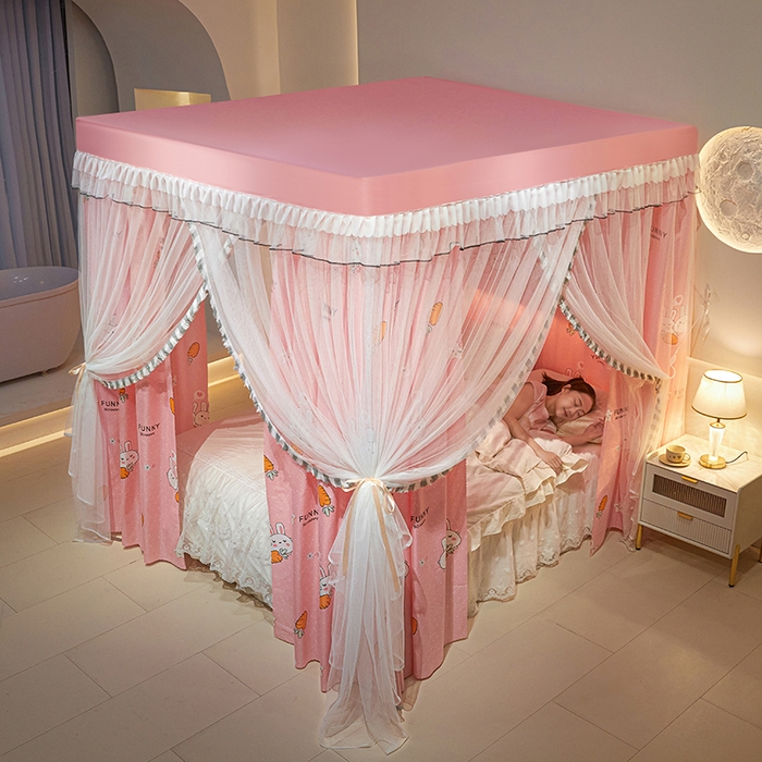 91家纺网 家纺一手货源 找家纺 锦逸家居 2025新款四季款三开门落地床幔蚊帐 幻城-粉红兔