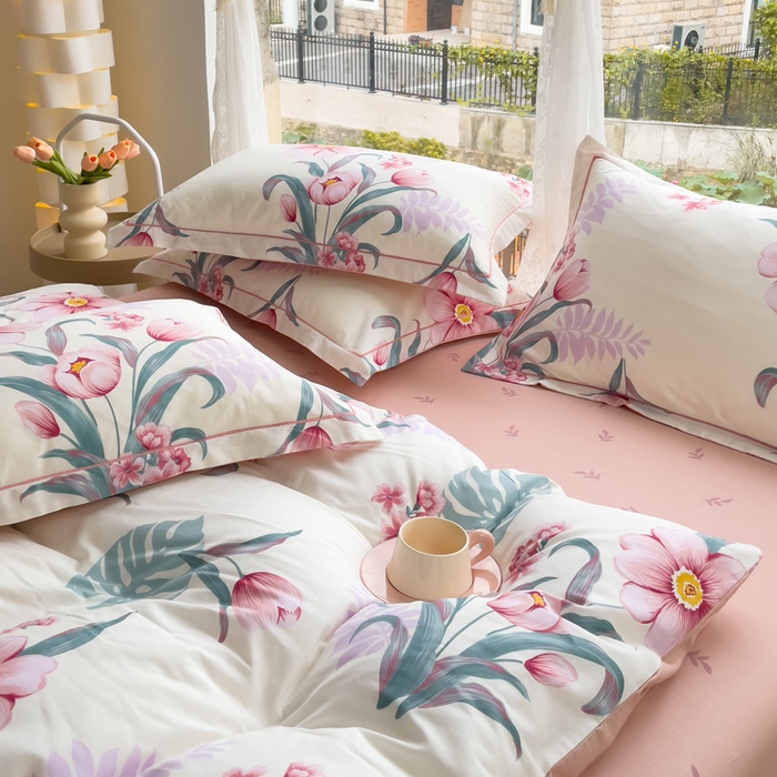 91家纺网 家纺一手货源 找家纺 铭博家纺 新款直播爆款网红全棉四件套13070印花吊边一字绣纯棉被套工艺款 长歌行