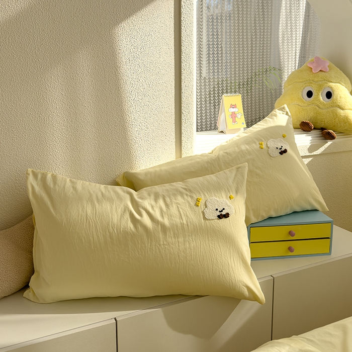 91家纺网 家纺一手货源 找家纺 曼谷家纺 2025新款软糯毛巾绣水洗棉床单床笠枕套纯色床单床笠枕套单品 小白云-芝士