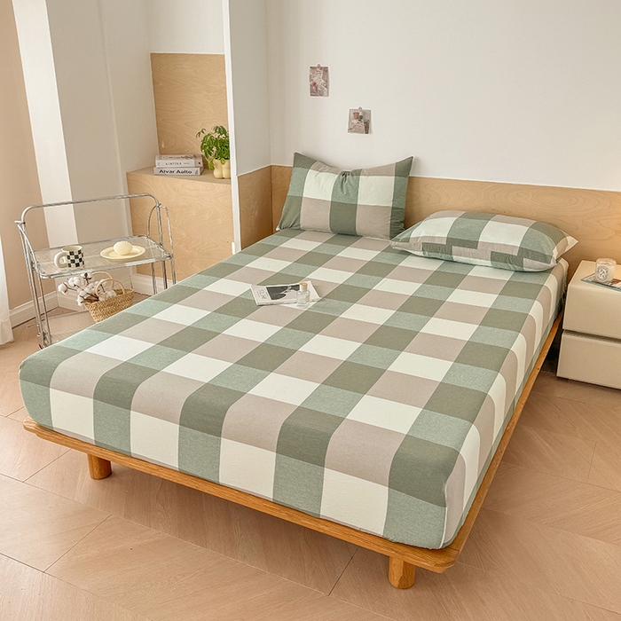 91家纺网 家纺一手货源 找家纺 晓时候 2025新款100%全棉色织水洗棉床笠全棉床笠纯棉床笠 绿中格