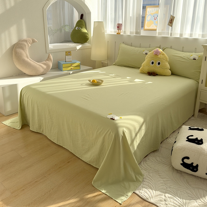 91家纺网 家纺一手货源 找家纺 曼谷家纺 2025新款软糯毛巾绣水洗棉床单床笠枕套纯色床单床笠枕套单品 小白云-豆绿