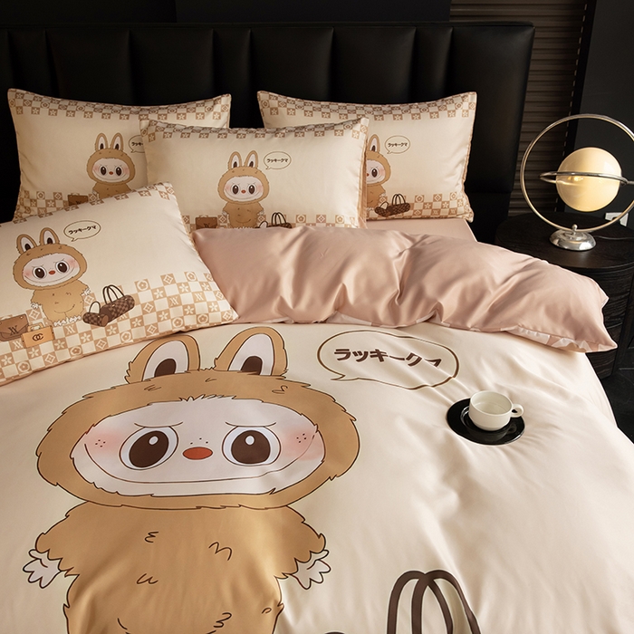 91家纺网 家纺一手货源 找家纺 2025新款水洗真丝数码印花四件套 卡夫兔