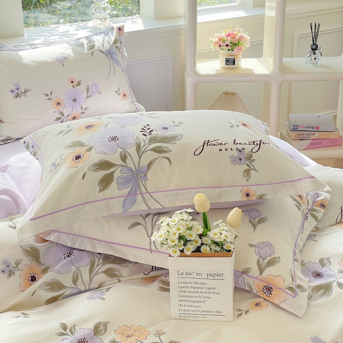 91家纺网 家纺一手货源 找家纺 铭博家纺 新款直播爆款网红全棉四件套13070印花吊边一字绣纯棉被套工艺款 夕颜