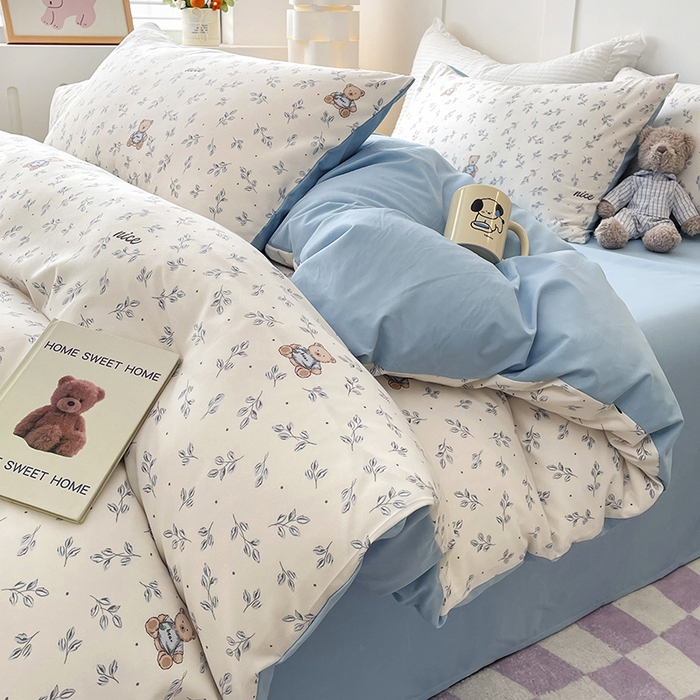 91家纺网 家纺一手货源 找家纺 汣沐生活 2025新款针织棉印花款四件套 小熊山茶