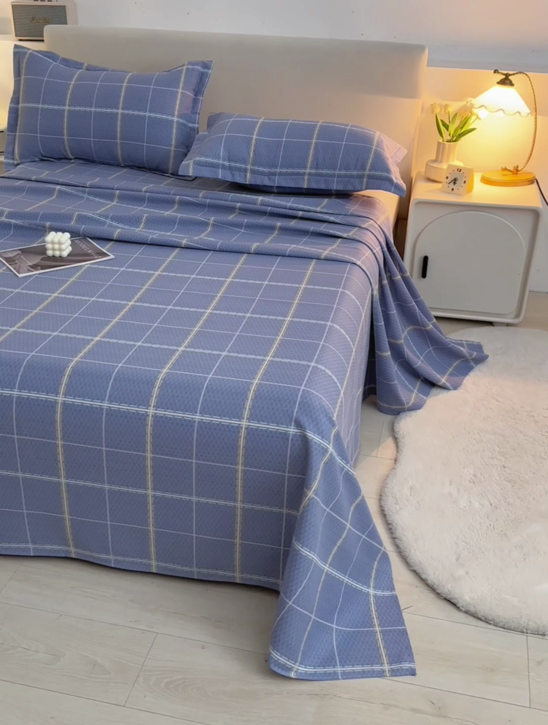 91家纺网 家纺一手货源 找家纺 润淳家居 2025新款老粗布三件套及单品 浪漫格 蓝