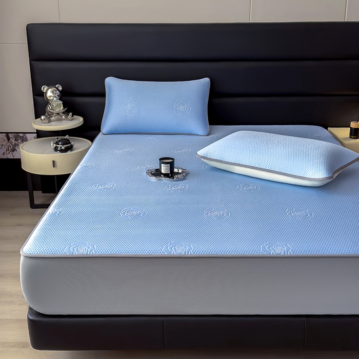 91家纺网 家纺一手货源 找家纺 欧邦 2025新款A类3D提花冰豆豆床笠款凉席 床笠款-清雅蓝