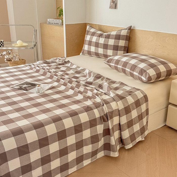 91家纺网 家纺一手货源 找家纺 晓时候 2025新款100%全棉色织水洗棉床单全棉床单纯棉床单 灰中格