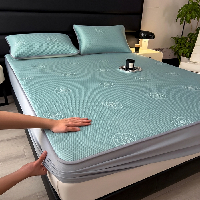 91家纺网 家纺一手货源 找家纺 欧邦 2025新款A类3D提花冰豆豆床笠款凉席 床笠款-冰爽绿