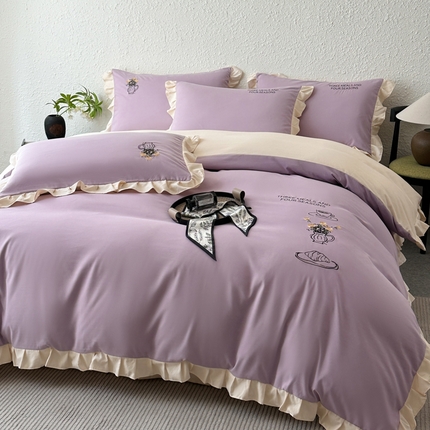 汣沐生活 2025新款亲肤绣花花边四件套 香芋紫-香槟-田园生活