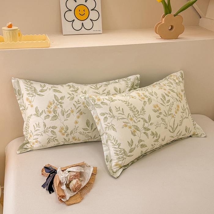 91家纺网 家纺一手货源 找家纺 绵庭家纺 2025新款12868全棉套件单品系列二单枕套 叶伴花开