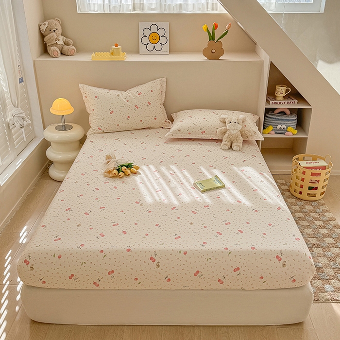 91家纺网 家纺一手货源 找家纺 2025新款12868全棉套件单品系列二单床笠 樱桃甜宠