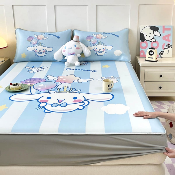 91家纺网 家纺一手货源 找家纺 米帛家纺 2025新款大版三丽鸥碳光冰丝软凉席床笠款 气球玉桂狗