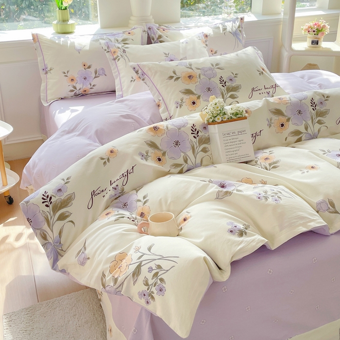 91家纺网 家纺一手货源 找家纺 铭博家纺 新款直播爆款网红全棉四件套13070印花吊边一字绣纯棉被套工艺款 夕颜