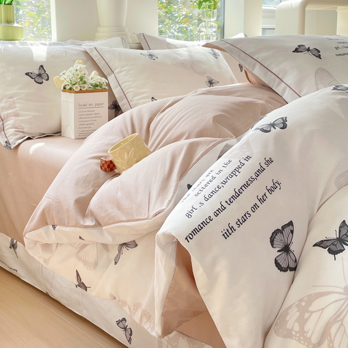 91家纺网 家纺一手货源 找家纺 铭博家纺 新款直播爆款网红全棉四件套13070印花吊边一字绣纯棉被套工艺款 蝶舞
