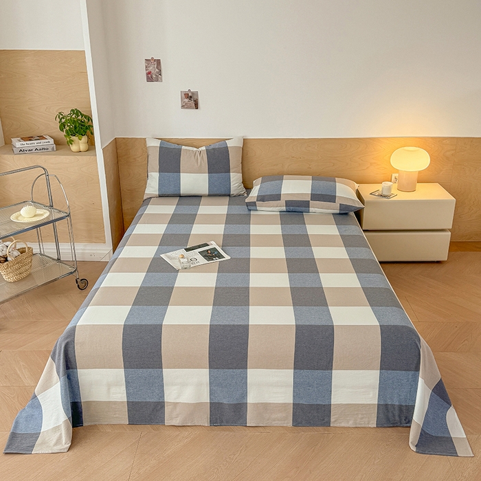 91家纺网 家纺一手货源 找家纺 晓时候 2025新款100%全棉色织水洗棉床单全棉床单纯棉床单 蓝大格