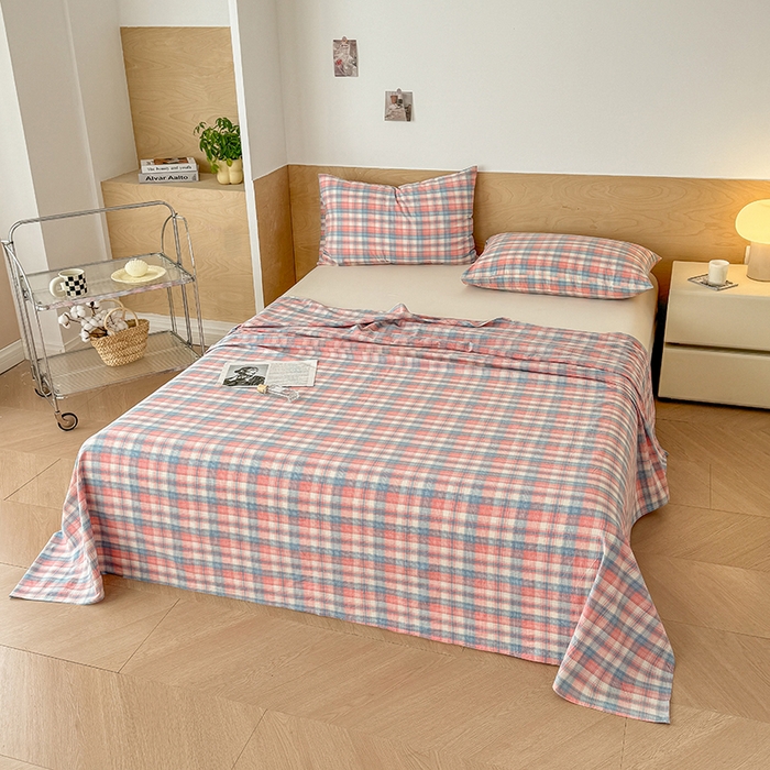 91家纺网 家纺一手货源 找家纺 晓时候 2025新款100%全棉色织水洗棉床单全棉床单纯棉床单 云舒粉