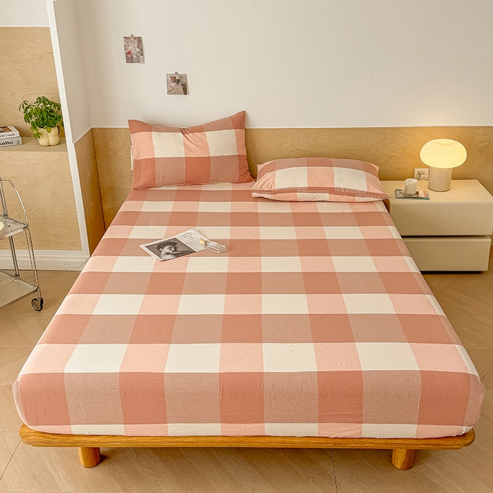 91家纺网 家纺一手货源 找家纺 晓时候 2025新款100%全棉色织水洗棉床笠全棉床笠纯棉床笠 粉大格