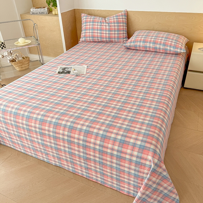 91家纺网 家纺一手货源 找家纺 晓时候 2025新款100%全棉色织水洗棉床单全棉床单纯棉床单 云舒粉