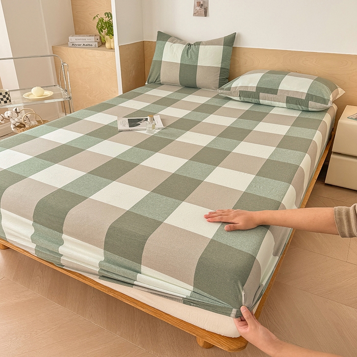 91家纺网 家纺一手货源 找家纺 晓时候 2025新款100%全棉色织水洗棉床笠全棉床笠纯棉床笠 绿中格