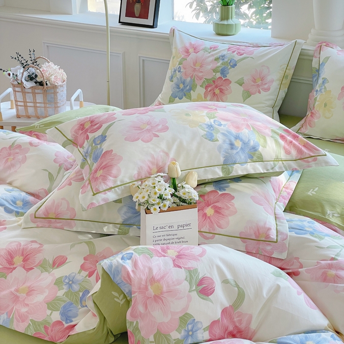 91家纺网 家纺一手货源 找家纺 铭博家纺 新款直播爆款网红全棉四件套13070印花吊边一字绣纯棉被套工艺款 花艺1