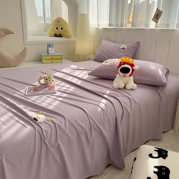 91家纺网 家纺一手货源 找家纺 曼谷家纺 2025新款软糯毛巾绣水洗棉床单床笠枕套纯色床单床笠枕套单品 小白云-紫色
