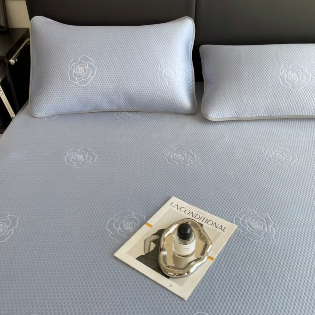 91家纺网 家纺一手货源 找家纺 欧邦 2025新款A类3D提花冰豆豆床笠款凉席 床笠款-蓝灰