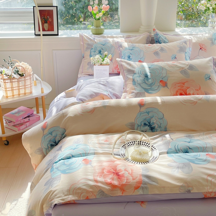 91家纺网 家纺一手货源 找家纺 铭博家纺 新款直播爆款网红全棉四件套13070印花吊边一字绣纯棉被套工艺款 沐颜