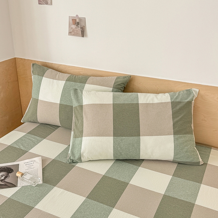 91家纺网 家纺一手货源 找家纺 晓时候 2025新款100%全棉色织水洗棉床笠全棉床笠纯棉床笠 绿中格