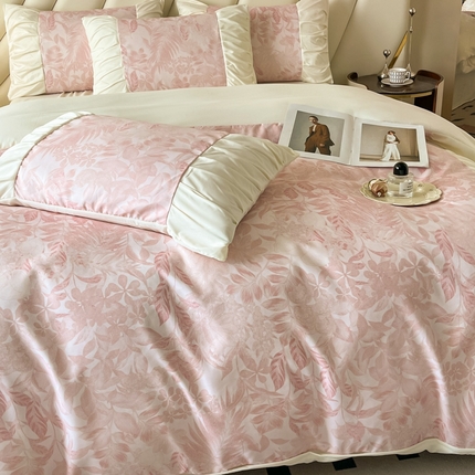 千希家纺 2025新款120克斜纹水洗棉数码印花拼接荷叶边工艺款四件套 薄荷少女-粉