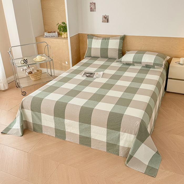 91家纺网 家纺一手货源 找家纺 晓时候 2025新款100%全棉色织水洗棉床单全棉床单纯棉床单 绿中格